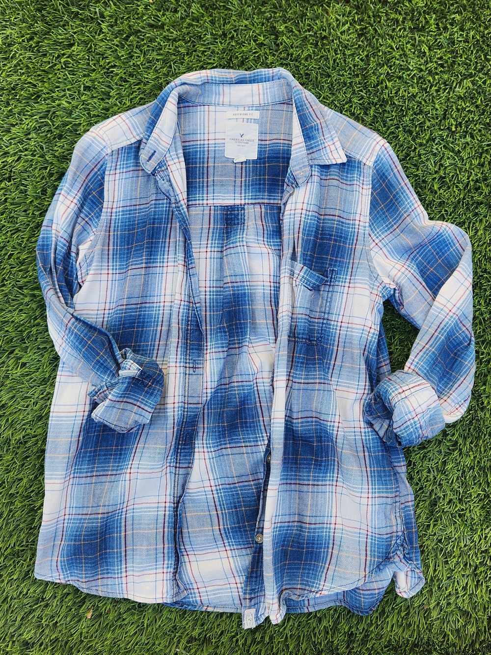 Womens Blue Plaid Button-Up Shirt - American Eagle